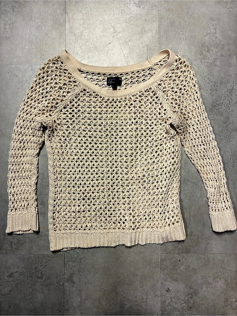 American Eagle Outfitters Crochet Knit Sweater in Beige Large